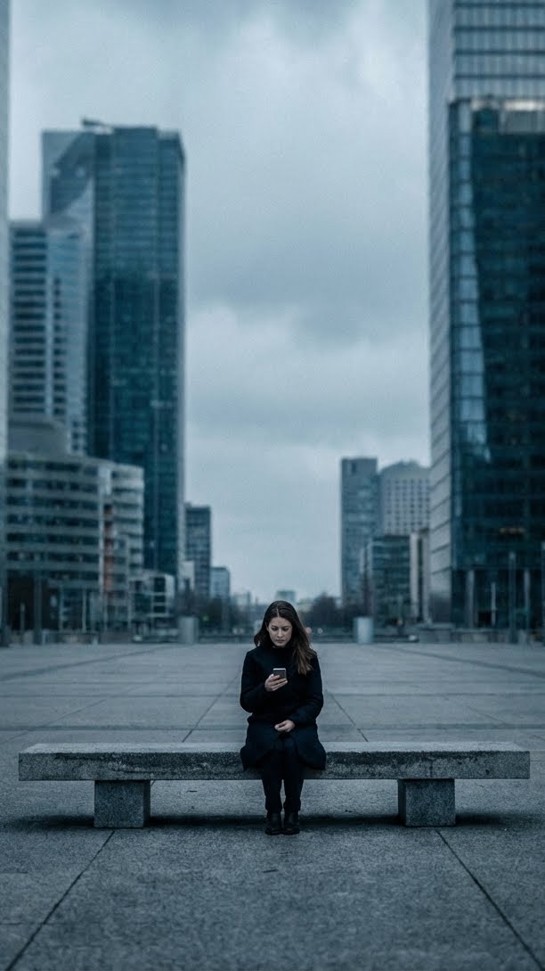 Young woman sitting alone on a bench in an empty urban plaza