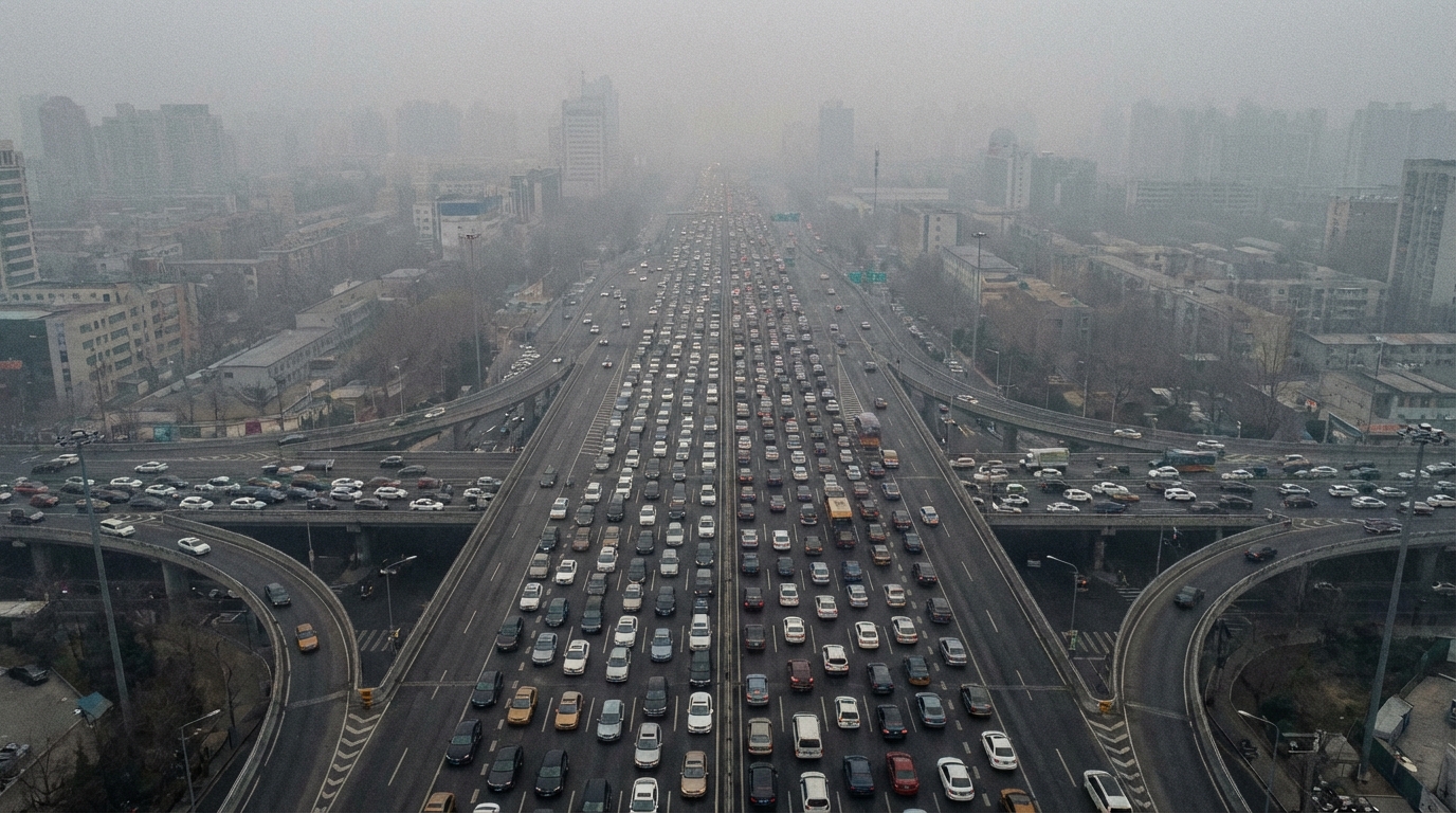 Aerial view of massive traffic jam in smog