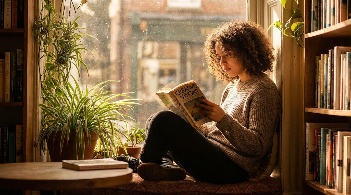 Young person reading Creative Visions in a bookshop window